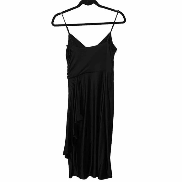 BCBG Maxazria Black Satin Pleated  Wrap Beaded Strap Cocktail LBD Dress - Picture 2 of 7